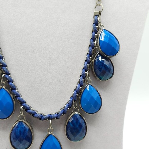 Blue Teardrop Statement Necklace Matching Earrings Set Silver Tone - Picture 4 of 9